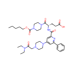 CCCCCOC(=O)N1CCN(C(=O)[C@H](CCC(=O)O)NC(=O)c2cc(N3CCN(CC(=O)N(CC)CC)CC3)cc(-c3ccccc3)n2)CC1 ZINC000049767270