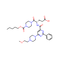 CCCCCOC(=O)N1CCN(C(=O)[C@H](CCC(=O)O)NC(=O)c2cc(N3CCN(CCOC)CC3)nc(-c3ccccc3)n2)CC1 ZINC000049694422