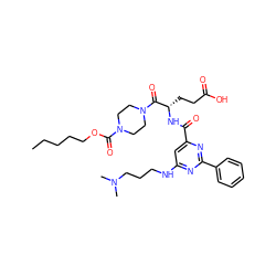 CCCCCOC(=O)N1CCN(C(=O)[C@H](CCC(=O)O)NC(=O)c2cc(NCCCN(C)C)nc(-c3ccccc3)n2)CC1 ZINC000049680204