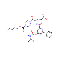 CCCCCOC(=O)N1CCN(C(=O)[C@H](CCC(=O)O)NC(=O)c2cc(OC(=O)N(C)[C@@H]3CCOC3)cc(-c3ccccc3)n2)CC1 ZINC000049757009