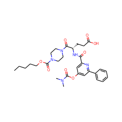 CCCCCOC(=O)N1CCN(C(=O)[C@H](CCC(=O)O)NC(=O)c2cc(OC(=O)N(C)C)cc(-c3ccccc3)n2)CC1 ZINC000049756363