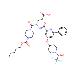 CCCCCOC(=O)N1CCN(C(=O)[C@H](CCC(=O)O)NC(=O)c2cc(OC3CCN(C(=O)C(F)(F)F)CC3)cc(-c3ccccc3)n2)CC1 ZINC000049756407