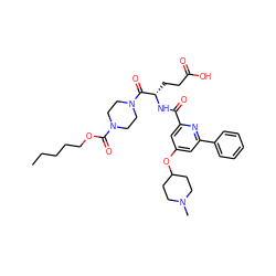 CCCCCOC(=O)N1CCN(C(=O)[C@H](CCC(=O)O)NC(=O)c2cc(OC3CCN(C)CC3)cc(-c3ccccc3)n2)CC1 ZINC000049756403