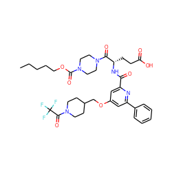 CCCCCOC(=O)N1CCN(C(=O)[C@H](CCC(=O)O)NC(=O)c2cc(OCC3CCN(C(=O)C(F)(F)F)CC3)cc(-c3ccccc3)n2)CC1 ZINC000049762853