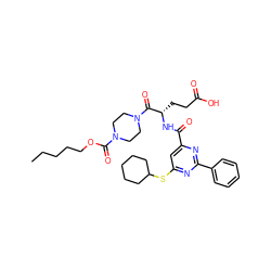 CCCCCOC(=O)N1CCN(C(=O)[C@H](CCC(=O)O)NC(=O)c2cc(SC3CCCCC3)nc(-c3ccccc3)n2)CC1 ZINC000049680198