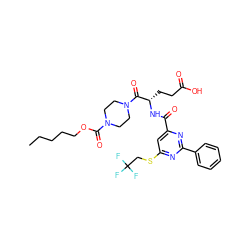 CCCCCOC(=O)N1CCN(C(=O)[C@H](CCC(=O)O)NC(=O)c2cc(SCC(F)(F)F)nc(-c3ccccc3)n2)CC1 ZINC000049680192