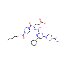 CCCCCOC(=O)N1CCN(C(=O)[C@H](CCC(=O)O)NC(=O)c2nc(-c3ccccc3)cc(N3CCC(C(N)=O)CC3)n2)CC1 ZINC000049679784