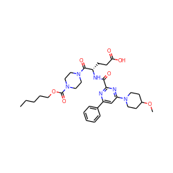 CCCCCOC(=O)N1CCN(C(=O)[C@H](CCC(=O)O)NC(=O)c2nc(-c3ccccc3)cc(N3CCC(OC)CC3)n2)CC1 ZINC000049678113