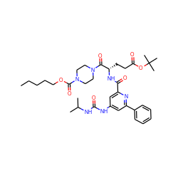 CCCCCOC(=O)N1CCN(C(=O)[C@H](CCC(=O)OC(C)(C)C)NC(=O)c2cc(NC(=O)NC(C)C)cc(-c3ccccc3)n2)CC1 ZINC000049722618