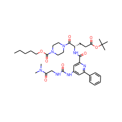 CCCCCOC(=O)N1CCN(C(=O)[C@H](CCC(=O)OC(C)(C)C)NC(=O)c2cc(NC(=O)NCC(=O)N(C)C)cc(-c3ccccc3)n2)CC1 ZINC000049757382