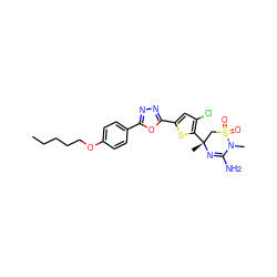 CCCCCOc1ccc(-c2nnc(-c3cc(Cl)c([C@]4(C)CS(=O)(=O)N(C)C(N)=N4)s3)o2)cc1 ZINC000208944930