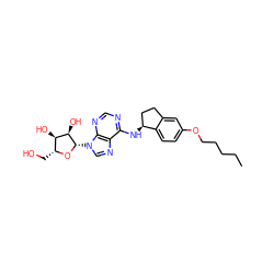 CCCCCOc1ccc2c(c1)CC[C@@H]2Nc1ncnc2c1ncn2[C@@H]1O[C@H](CO)[C@@H](O)[C@H]1O ZINC000013649463