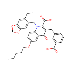 CCCCCOc1ccc2c(c1)c(=O)c(Cc1cccc(C(=O)O)c1)c(C(=O)O)n2Cc1cc2c(cc1CC)OCO2 ZINC000064527302