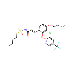 CCCCCS(=O)(=O)NC(=O)/C(C)=C/c1ccc(OCCOC)cc1Oc1ncc(C(F)(F)F)cc1Cl ZINC000084633408