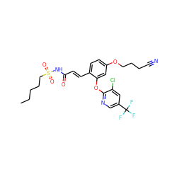 CCCCCS(=O)(=O)NC(=O)/C=C/c1ccc(OCCCC#N)cc1Oc1ncc(C(F)(F)F)cc1Cl ZINC000084616513