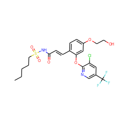 CCCCCS(=O)(=O)NC(=O)/C=C/c1ccc(OCCO)cc1Oc1ncc(C(F)(F)F)cc1Cl ZINC000084617499