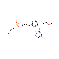 CCCCCS(=O)(=O)NC(=O)/C=C/c1ccc(OCCOC)cc1Oc1ncc(Cl)cc1Cl ZINC000084604758