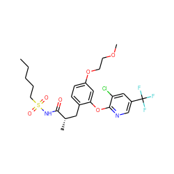 CCCCCS(=O)(=O)NC(=O)[C@@H](C)Cc1ccc(OCCOC)cc1Oc1ncc(C(F)(F)F)cc1Cl ZINC000084632684