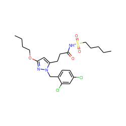 CCCCCS(=O)(=O)NC(=O)CCc1cc(OCCCC)nn1Cc1ccc(Cl)cc1Cl ZINC000034874132