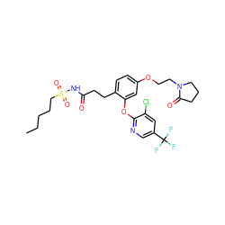 CCCCCS(=O)(=O)NC(=O)CCc1ccc(OCCN2CCCC2=O)cc1Oc1ncc(C(F)(F)F)cc1Cl ZINC000084614662