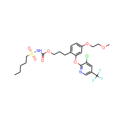 CCCCCS(=O)(=O)NC(=O)OCCCc1ccc(OCCOC)cc1Oc1ncc(C(F)(F)F)cc1Cl ZINC000059582368