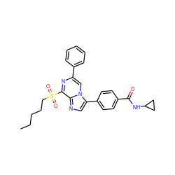 CCCCCS(=O)(=O)c1nc(-c2ccccc2)cn2c(-c3ccc(C(=O)NC4CC4)cc3)cnc12 ZINC000118745194