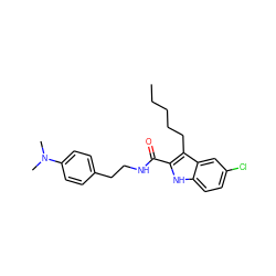 CCCCCc1c(C(=O)NCCc2ccc(N(C)C)cc2)[nH]c2ccc(Cl)cc12 ZINC000096933917