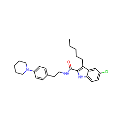 CCCCCc1c(C(=O)NCCc2ccc(N3CCCCC3)cc2)[nH]c2ccc(Cl)cc12 ZINC000096933908