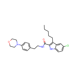 CCCCCc1c(C(=O)NCCc2ccc(N3CCOCC3)cc2)[nH]c2ccc(Cl)cc12 ZINC000096933915