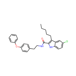 CCCCCc1c(C(=O)NCCc2ccc(Oc3ccccc3)cc2)[nH]c2ccc(Cl)cc12 ZINC000096933916