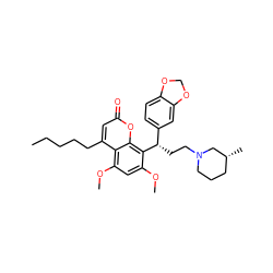 CCCCCc1cc(=O)oc2c([C@@H](CCN3CCC[C@@H](C)C3)c3ccc4c(c3)OCO4)c(OC)cc(OC)c12 ZINC000013661187