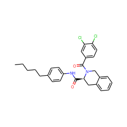 CCCCCc1ccc(NC(=O)[C@@H]2Cc3ccccc3CN2C(=O)c2ccc(Cl)c(Cl)c2)cc1 ZINC000028476812