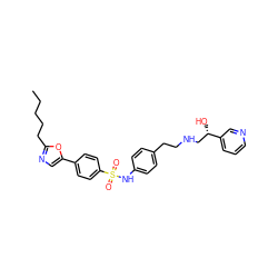 CCCCCc1ncc(-c2ccc(S(=O)(=O)Nc3ccc(CCNC[C@H](O)c4cccnc4)cc3)cc2)o1 ZINC000029327673