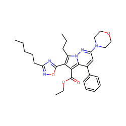 CCCCCc1noc(-c2c(C(=O)OCC)c3c(-c4ccccc4)cc(N4CCOCC4)nn3c2CCC)n1 ZINC000064548830