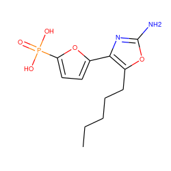 CCCCCc1oc(N)nc1-c1ccc(P(=O)(O)O)o1 ZINC000169321407