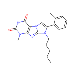 CCCCCn1c(-c2ccccc2C)cn2c3c(=O)[nH]c(=O)n(C)c3nc12 ZINC000095589545