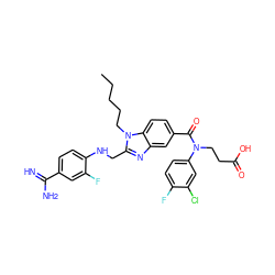 CCCCCn1c(CNc2ccc(C(=N)N)cc2F)nc2cc(C(=O)N(CCC(=O)O)c3ccc(F)c(Cl)c3)ccc21 ZINC000653794127