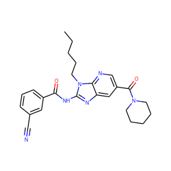 CCCCCn1c(NC(=O)c2cccc(C#N)c2)nc2cc(C(=O)N3CCCCC3)cnc21 ZINC000064513323