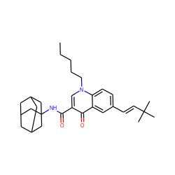 CCCCCn1cc(C(=O)NC23CC4CC(CC(C4)C2)C3)c(=O)c2cc(/C=C/C(C)(C)C)ccc21 ZINC000058575123