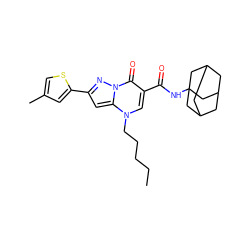 CCCCCn1cc(C(=O)NC23CC4CC(CC(C4)C2)C3)c(=O)n2nc(-c3cc(C)cs3)cc12 ZINC000096908216