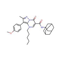 CCCCCn1cc(C(=O)NC23CC4CC(CC(C4)C2)C3)c(=O)n2nc(C)c(-c3ccc(OC)cc3)c12 ZINC000096908220