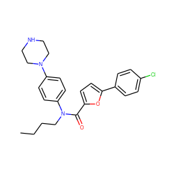 CCCCN(C(=O)c1ccc(-c2ccc(Cl)cc2)o1)c1ccc(N2CCNCC2)cc1 ZINC000084633523