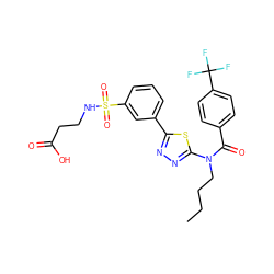 CCCCN(C(=O)c1ccc(C(F)(F)F)cc1)c1nnc(-c2cccc(S(=O)(=O)NCCC(=O)O)c2)s1 ZINC000084604736