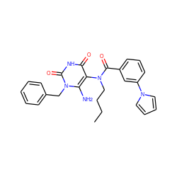 CCCCN(C(=O)c1cccc(-n2cccc2)c1)c1c(N)n(Cc2ccccc2)c(=O)[nH]c1=O ZINC000012521679