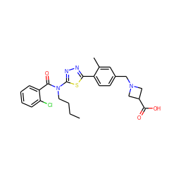 CCCCN(C(=O)c1ccccc1Cl)c1nnc(-c2ccc(CN3CC(C(=O)O)C3)cc2C)s1 ZINC000068245891