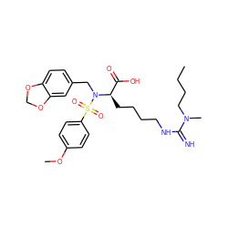 CCCCN(C)C(=N)NCCCC[C@H](C(=O)O)N(Cc1ccc2c(c1)OCO2)S(=O)(=O)c1ccc(OC)cc1 ZINC000028235693