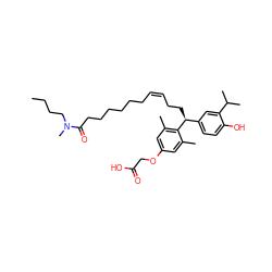 CCCCN(C)C(=O)CCCCCC/C=C\CC[C@@H](c1ccc(O)c(C(C)C)c1)c1c(C)cc(OCC(=O)O)cc1C ZINC000026673374