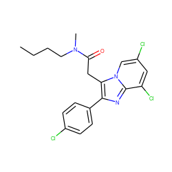 CCCCN(C)C(=O)Cc1c(-c2ccc(Cl)cc2)nc2c(Cl)cc(Cl)cn12 ZINC000013607423