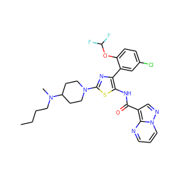 CCCCN(C)C1CCN(c2nc(-c3cc(Cl)ccc3OC(F)F)c(NC(=O)c3cnn4cccnc34)s2)CC1 ZINC001772656843