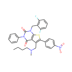 CCCCN(C)Cc1c(-c2ccc([N+](=O)[O-])cc2)sc2c1c(=O)n(-c1ccccc1)c(=O)n2Cc1c(F)cccc1F ZINC000027185658